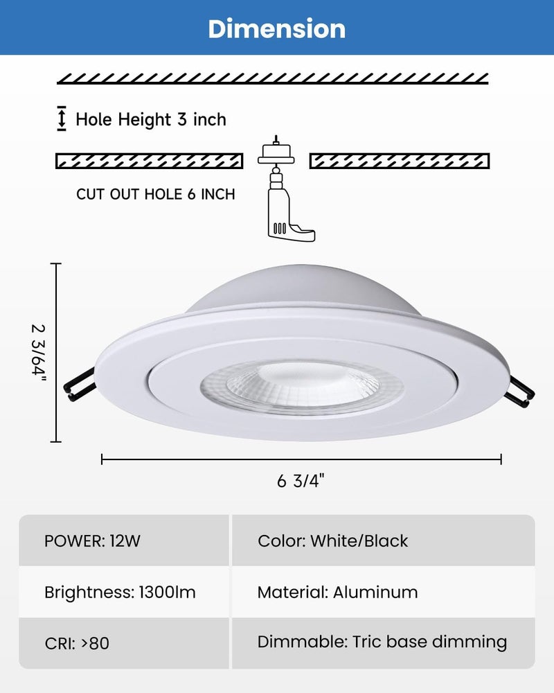 POPANU 6-Inch Gimbal Recessed Light - 12W 90° Tilt & 360° Rotation, 5CCT (2700K-5000K), IC Rated LED Eyeball Recessed Lighting, for Sloped Ceilings, Soffit Light, Hallyway，Kitchens, White 6 Pack - Image 4